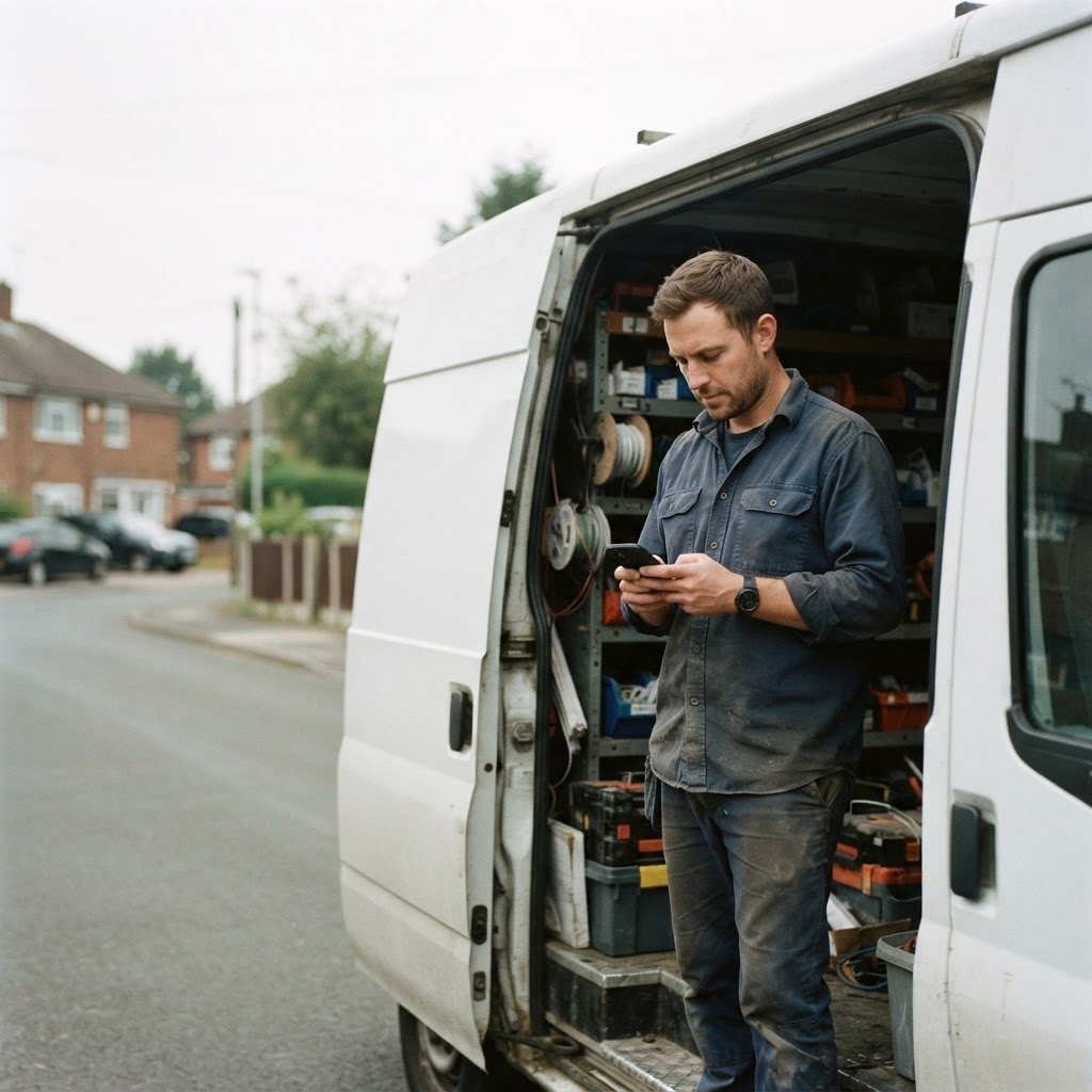 A service business owner responding to a new lead on a phone within minutes of the inquiry arriving