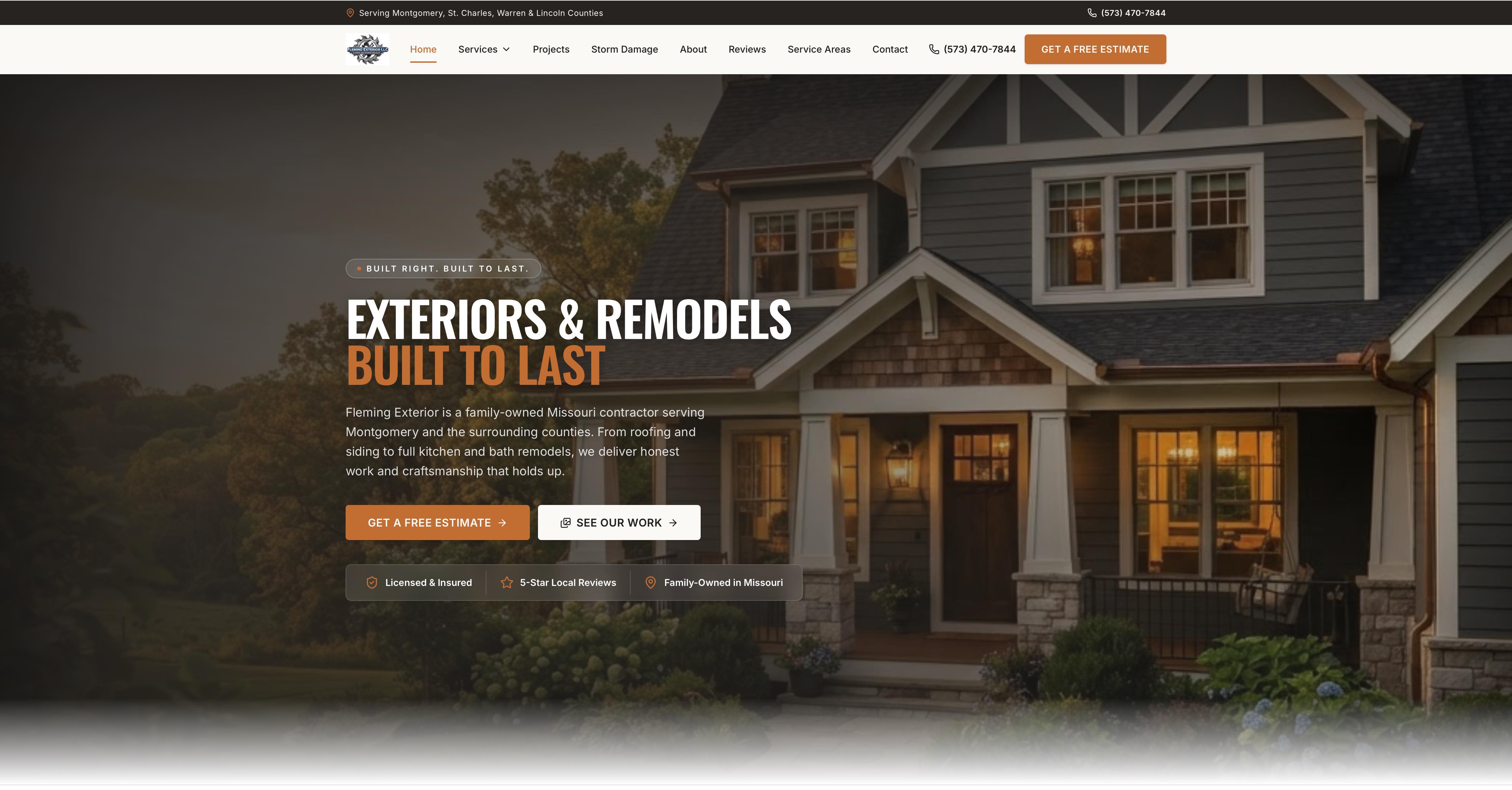 Fleming Exterior LLC website homepage, built by Tech Turtle — Exteriors & Remodels Built to Last